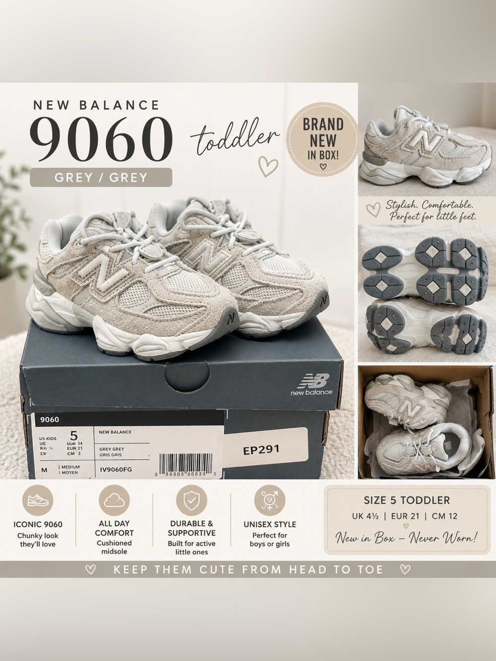 NIB New Balance 9060 Grey Toddler Sneakers Size 5 IV9060FG
